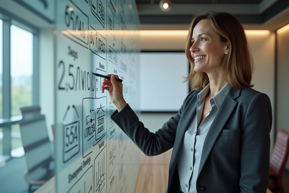Directrice financière présentant des calculs de dividendes et de salaires sur un tableau de verre dans une salle de réunion d'entreprise