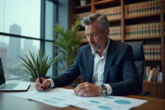 Dirigeant d'entreprise en costume marine examinant des documents financiers sur un bureau en bois dans un bureau moderne avec vue sur la ville
