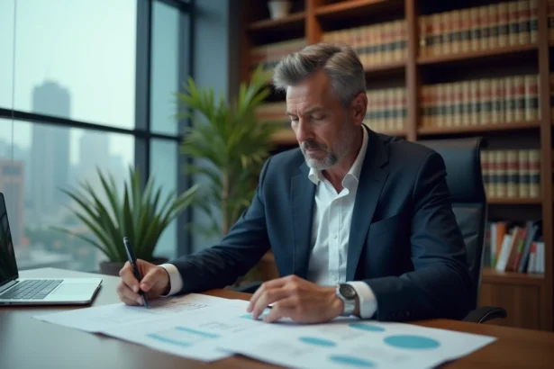 Dirigeant d'entreprise en costume marine examinant des documents financiers sur un bureau en bois dans un bureau moderne avec vue sur la ville