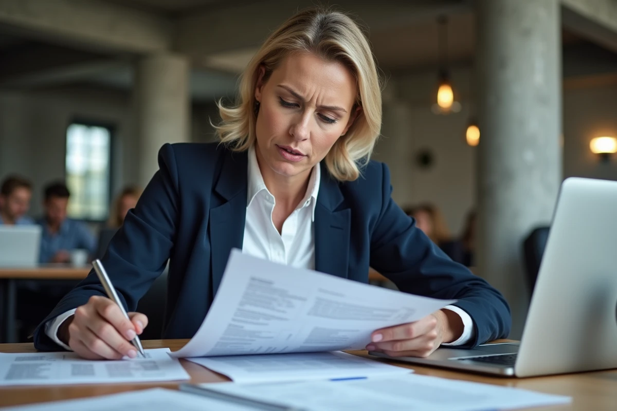 Cheffe d'entreprise PME examinant des documents d'assurance professionnelle avec une expression préoccupée dans un bureau moderne