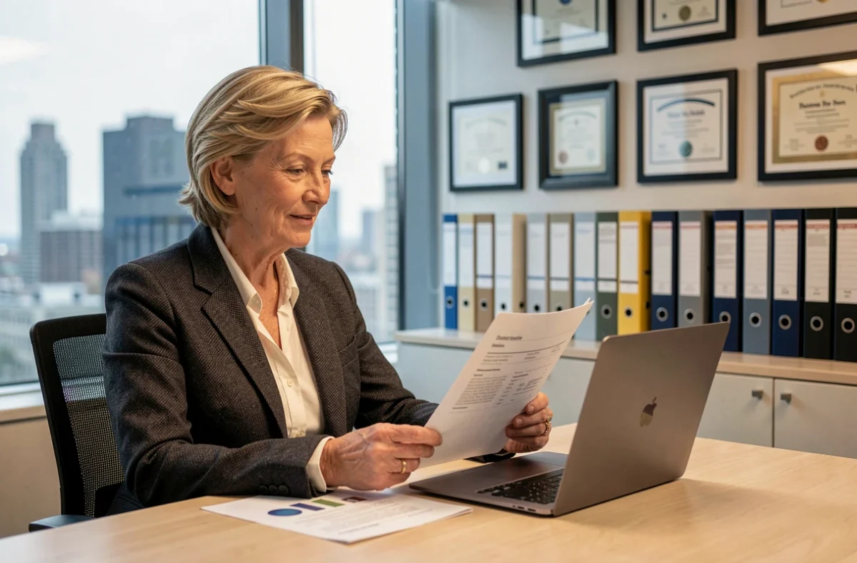 Dirigeante senior révisant une stratégie d'entreprise dans un bureau exécutif, reflet des héritages du management américain dans la tech moderne
