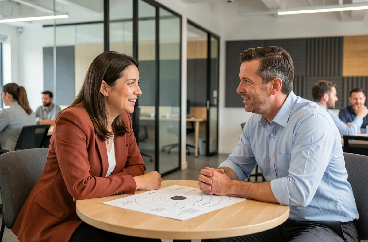 Deux professionnels discutant d'une stratégie de marque personnelle autour d'un schéma dans un espace de coworking moderne