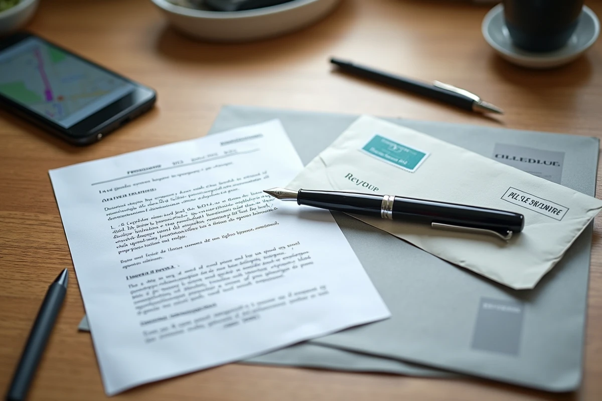Documents officiels de domiciliation d'entreprise posés sur un bureau en bois incluant un extrait Kbis et un contrat de bail