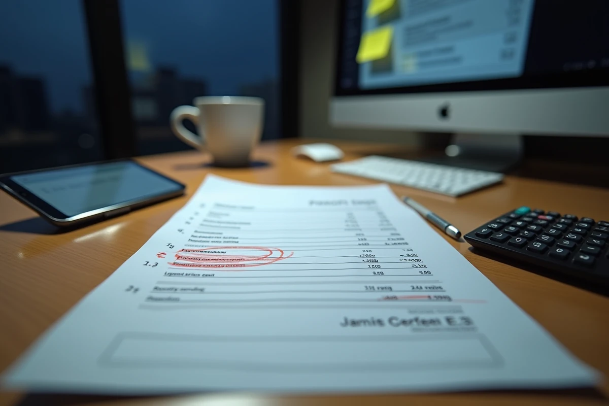 Gros plan sur des documents de paie avec des erreurs de calcul de salaire de nuit soulignées en rouge sur un bureau administratif