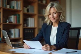 Femme entrepreneur travaillant depuis son bureau à domicile sur des documents administratifs pour domicilier son entreprise