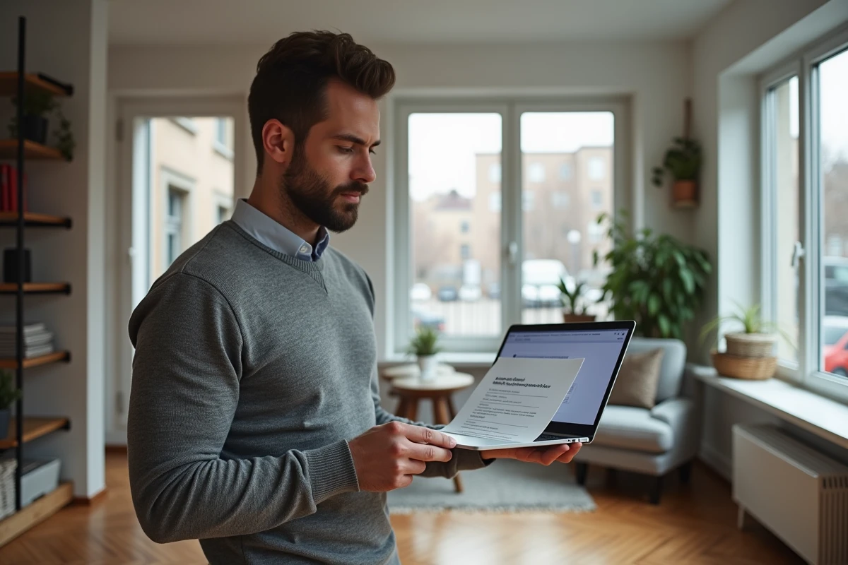 Entrepreneur masculin consultant un site de formalités administratives pour domicilier son entreprise dans son appartement