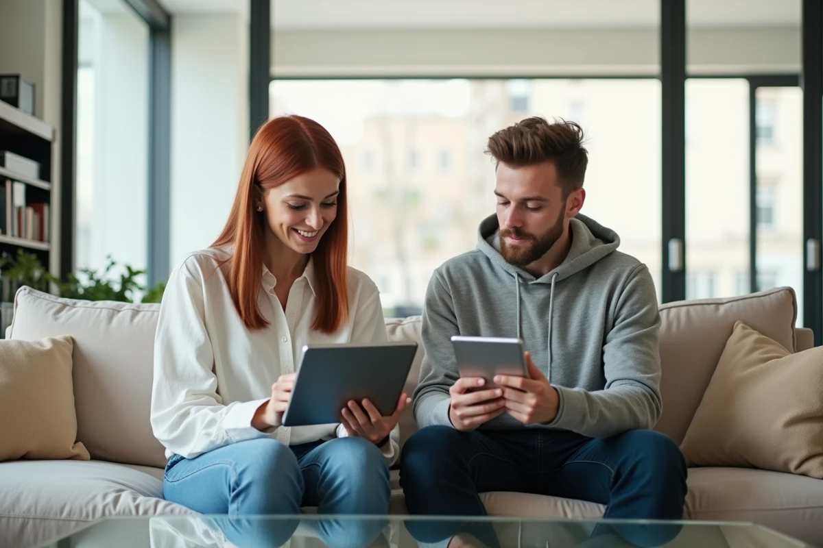 Deux jeunes professionnels collaborant à distance sur des documents partagés depuis un appartement moderne et lumineux