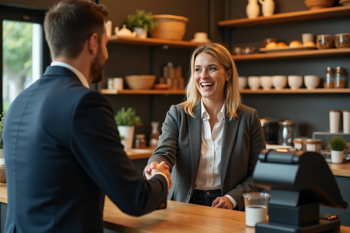 Femme et homme se serrant la main dans un café chaleureux