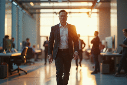 Elon Musk marche dans un bureau moderne et lumineux