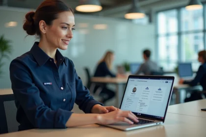 Employée Air France mettant à jour ses données RH sur le portail intranet intralignes depuis son poste de travail en open space