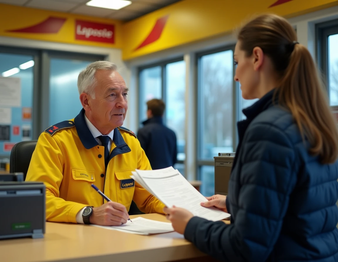 Employé de La Poste accompagnant une cliente dans ses démarches liées à la gestion de salaire au guichet