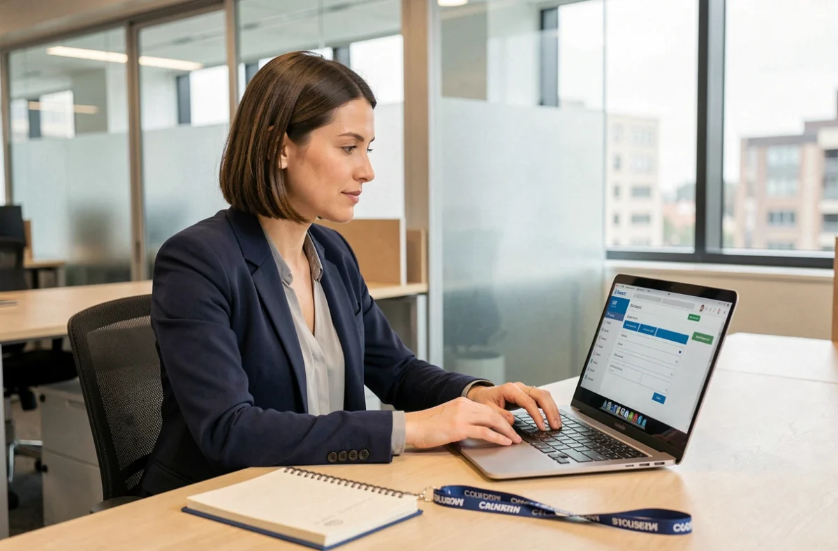 Employée RATP consultant le portail RH Urbanweb sur un ordinateur portable dans un bureau moderne