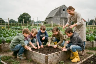 Enfants découvrant le jardinage à la Ferme du Fays encadrés par une agricultrice dans un potager belge