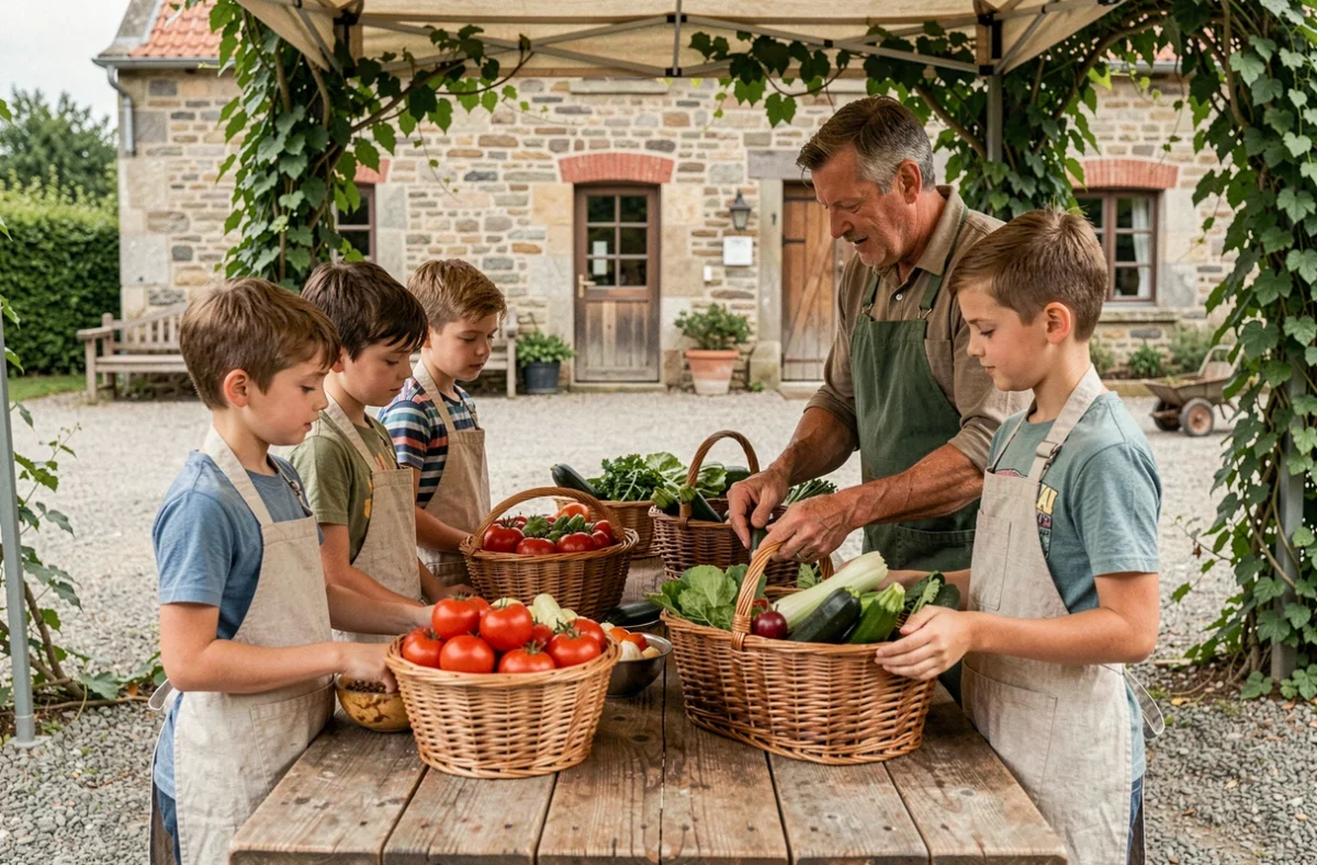 Enfants apprenant à trier des légumes frais avec un agriculteur dans la cour de la Ferme du Fays