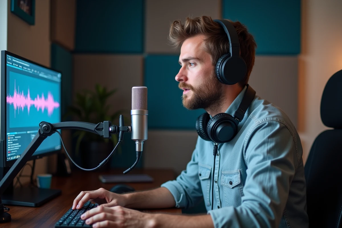 Jeune homme enregistrant un podcast depuis son bureau à domicile avec micro professionnel