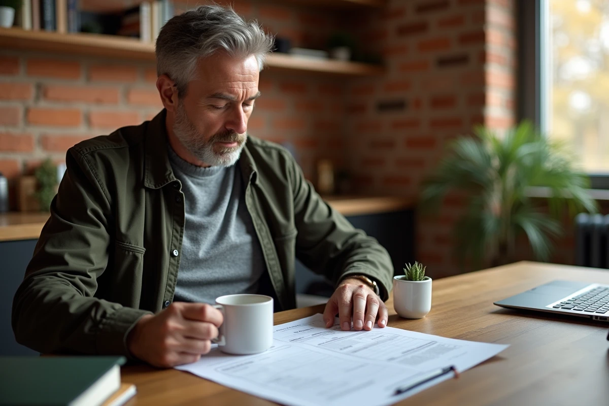 Entrepreneur travaillant seul sur un document d'analyse stratégique à cinq dimensions dans un bureau à domicile