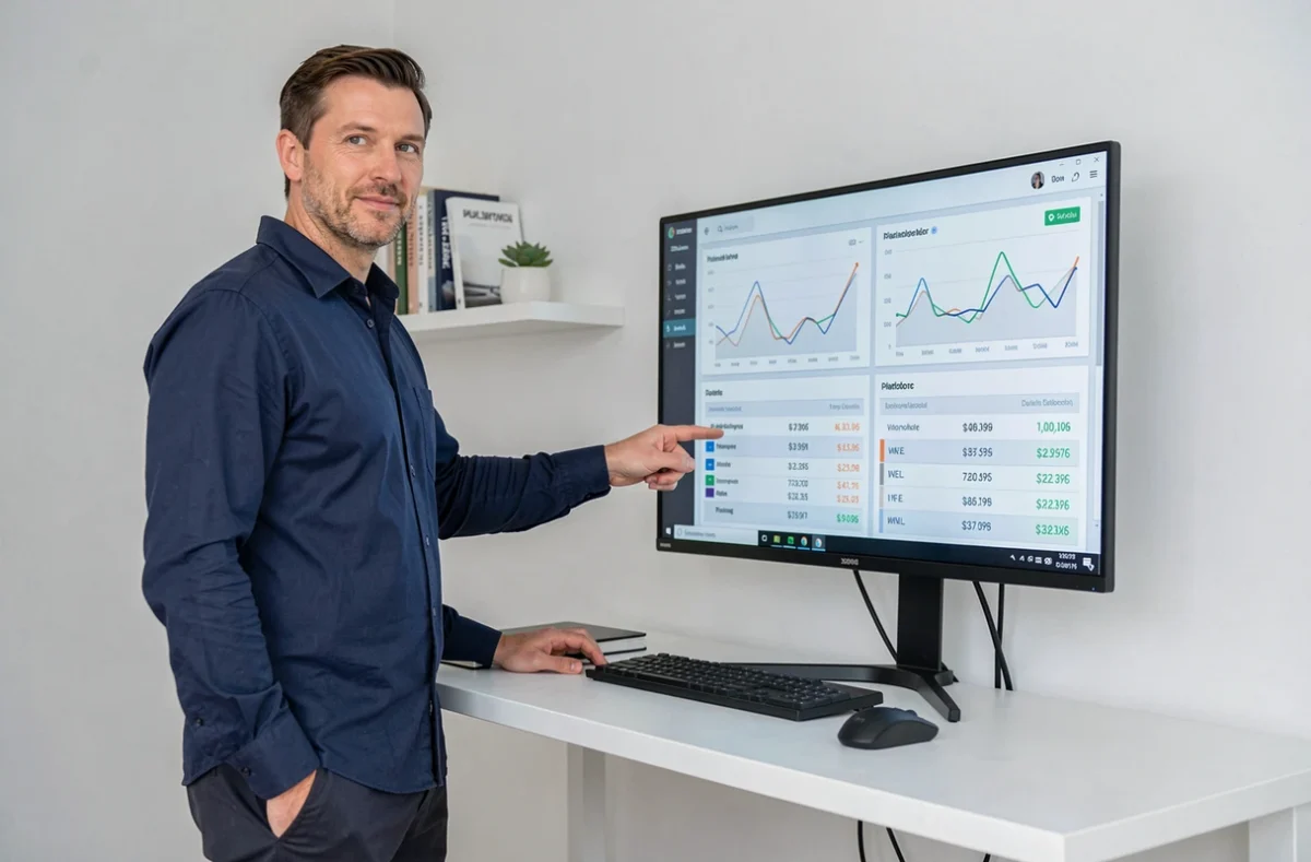 Entrepreneur debout devant un grand écran affichant une comparaison d'outils de vente en ligne dans un bureau à domicile épuré, symbolisant le choix entre deux plateformes digitales