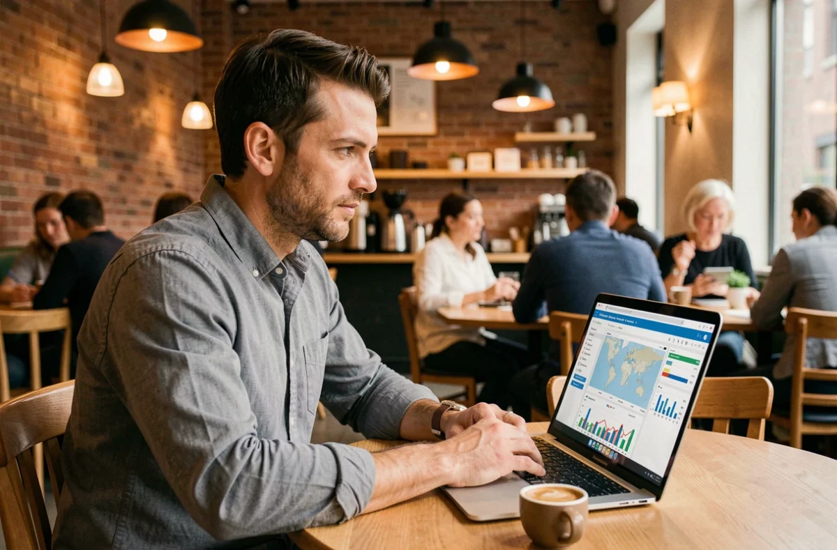 Entrepreneur consultant des indicateurs économiques territoriaux sur un ordinateur portable dans un café urbain