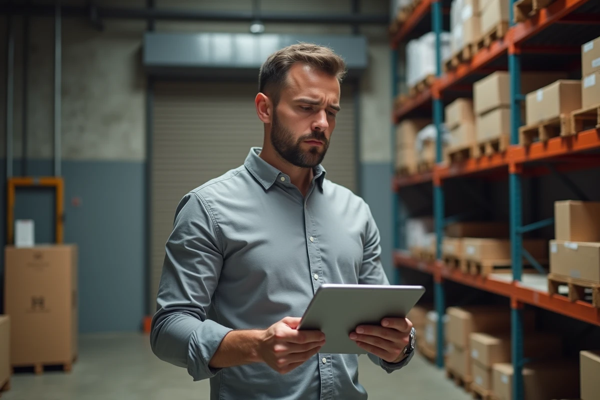 Entrepreneur PME lisant un contrat d'assurance professionnelle sur tablette dans un entrepôt de petite entreprise