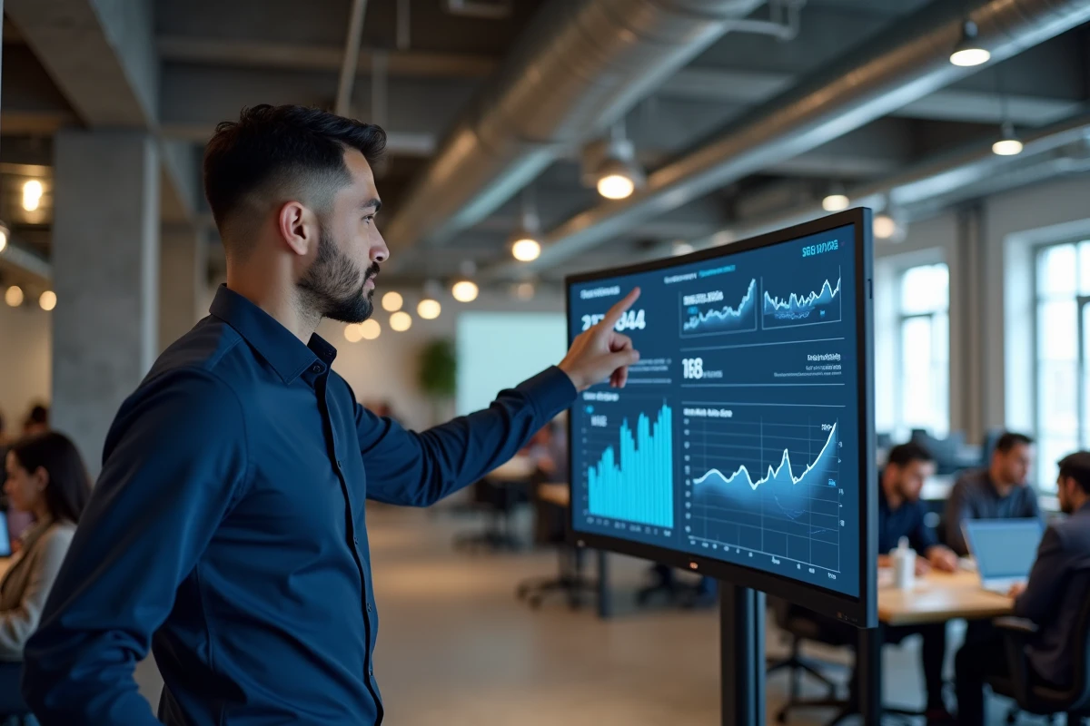Entrepreneur en espace de coworking présentant des statistiques de programmes d'affiliation sur un grand écran