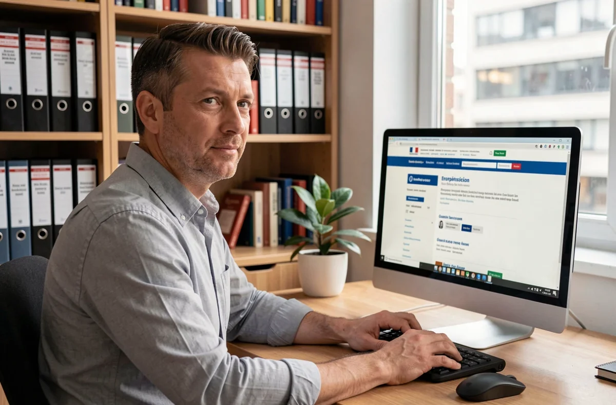 Entrepreneur masculin déposant une marque en ligne via le portail officiel de l'INPI depuis son bureau à domicile