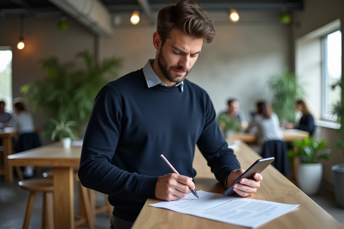 Jeune entrepreneur remplissant un formulaire de demande d'ACRE dans un espace de coworking