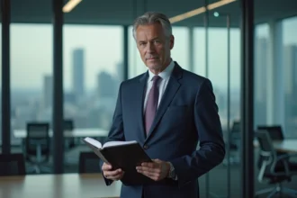 Homme d'affaires en costume bleu dans un bureau moderne