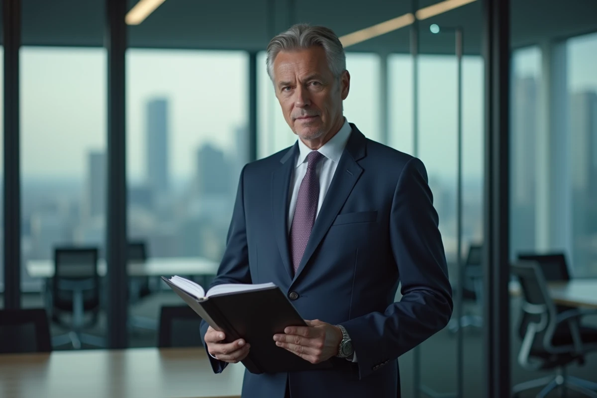 Homme d'affaires en costume bleu dans un bureau moderne