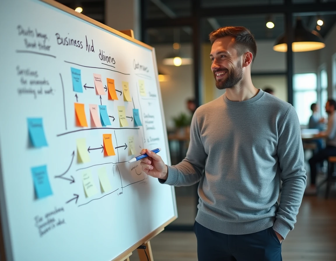 Entrepreneur masculin planifiant l'enchaînement des aides aux entreprises sur un tableau blanc dans un espace de coworking