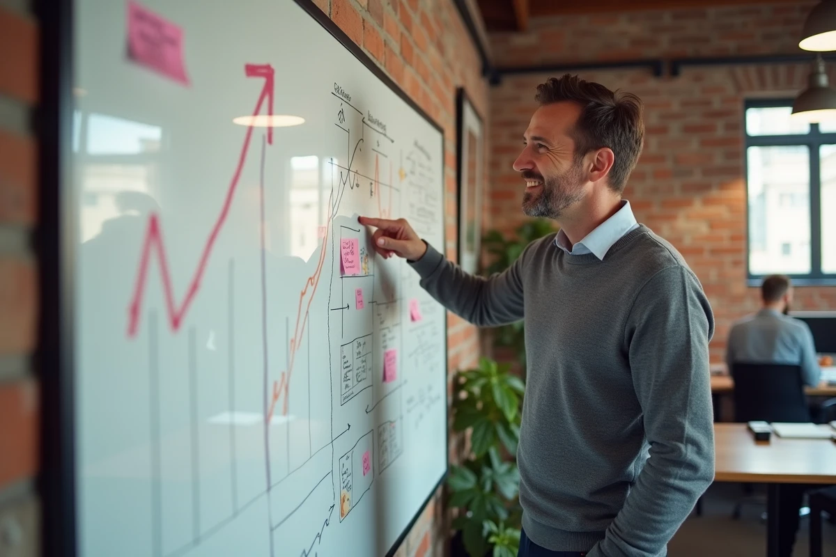 Chef d'entreprise masculin planifiant une stratégie de croissance sur un tableau blanc dans un espace de coworking moderne