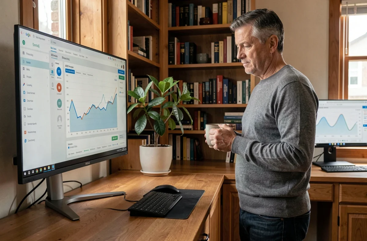 Entrepreneur en télétravail utilisant un outil de prospection B2B sur un grand écran