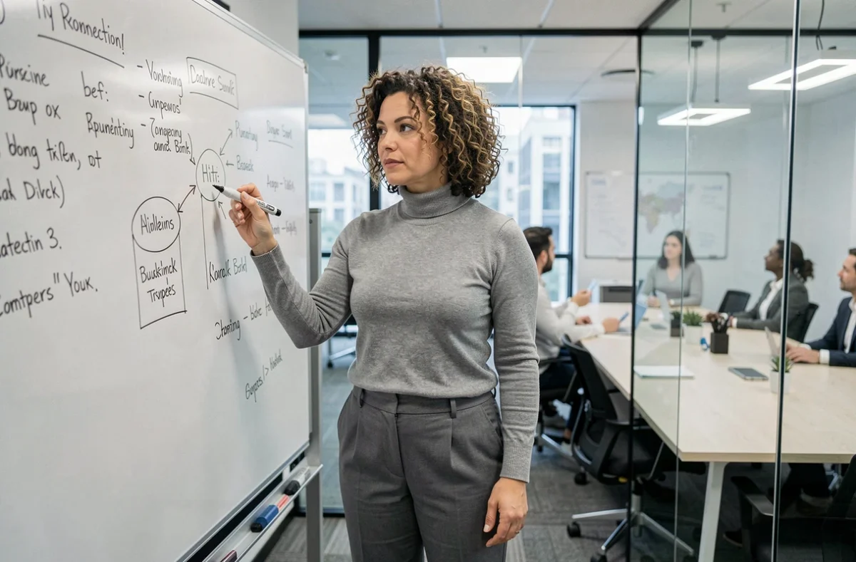 Entrepreneuse présentant sa stratégie d'activité sur un tableau blanc lors d'une réunion professionnelle