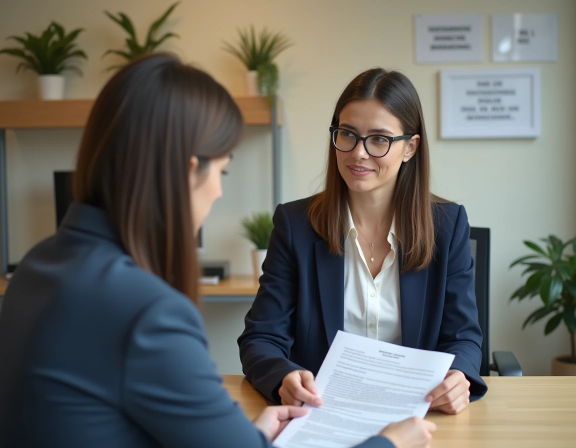 Femme en entretien conseil chez France Travail avec un conseiller dans un bureau moderne