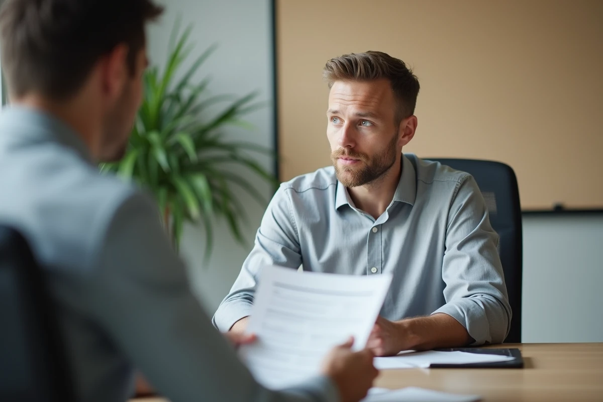 Employé et responsable RH discutant ensemble d'une demande de rupture conventionnelle lors d'un entretien formel