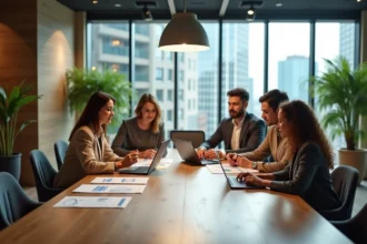 Équipe de professionnels analysant des rapports RSE autour d'une table de réunion dans un bureau moderne et éco-responsable