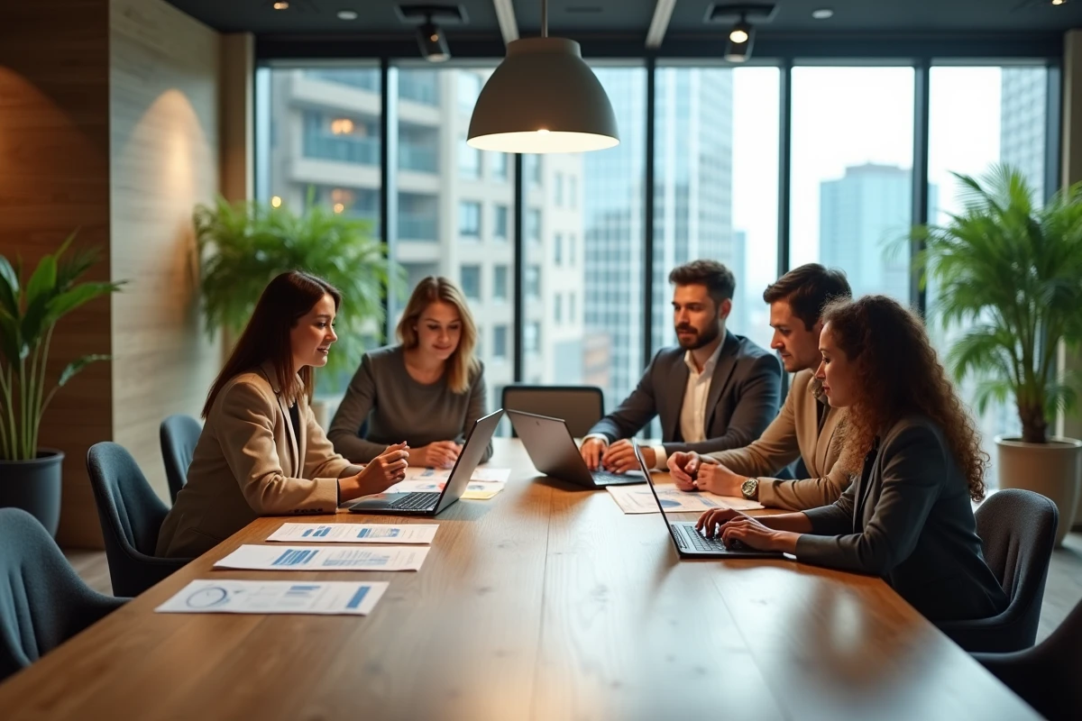 Équipe de professionnels analysant des rapports RSE autour d'une table de réunion dans un bureau moderne et éco-responsable