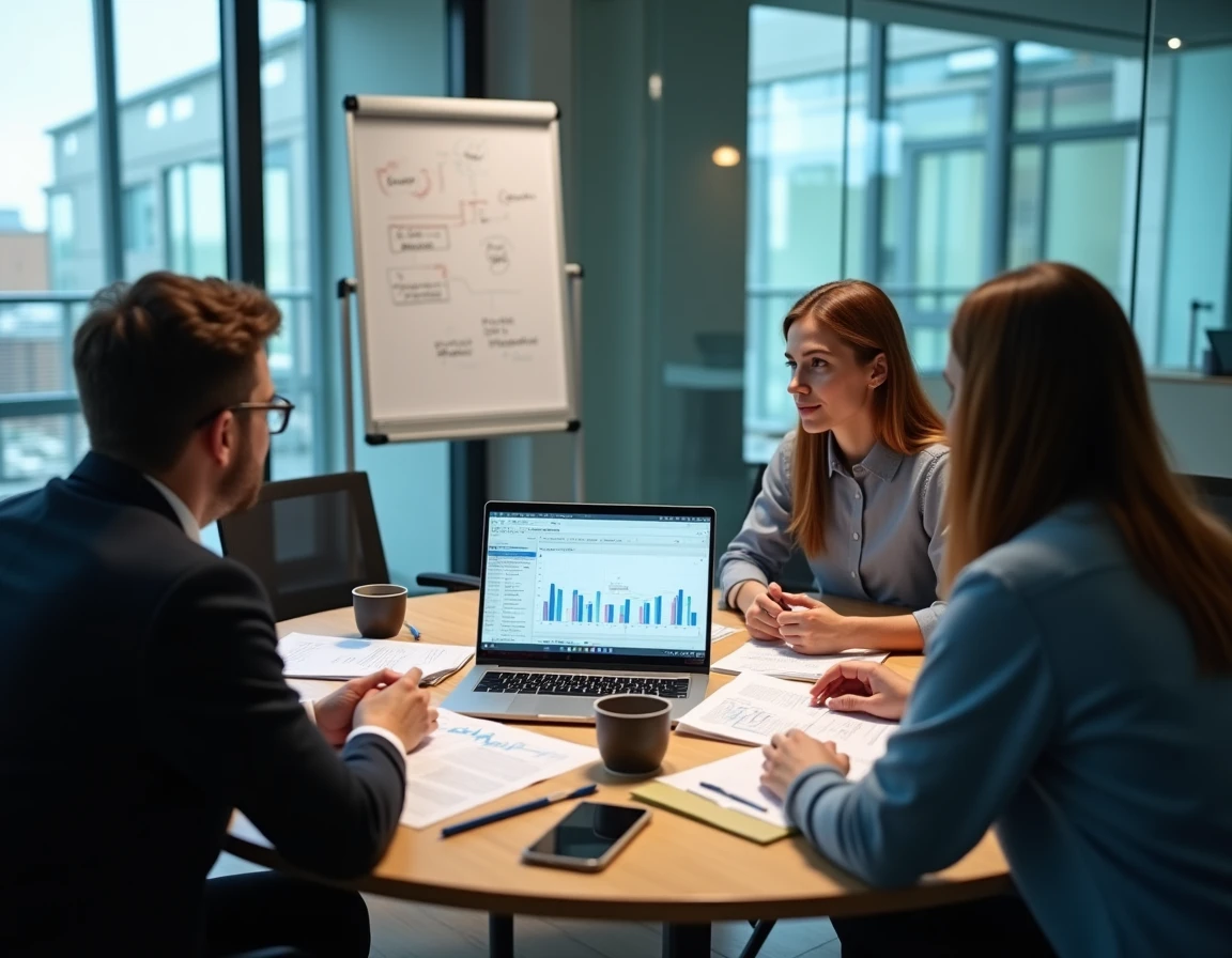 Équipe informatique en salle de réunion analysant une configuration de connexion Power BI en temps réel sur un ordinateur portable