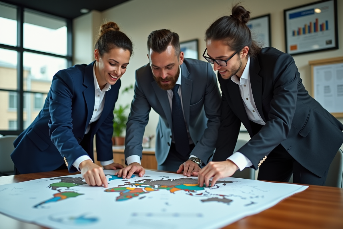 Equipe diverse discutant autour d une carte du monde