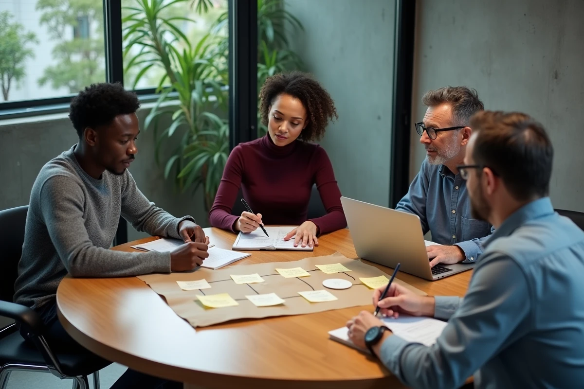 Équipe de professionnels en réunion de travail autour d'un cadre stratégique des 5P imprimé