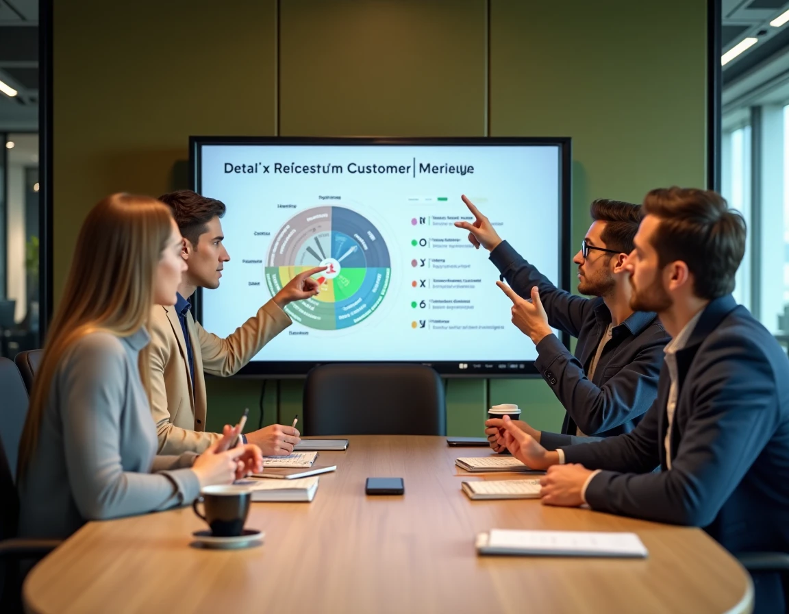 Équipe de professionnels en réunion discutant d'une cartographie ICP et des étapes du pipeline commercial sur un écran dans une salle de réunion moderne