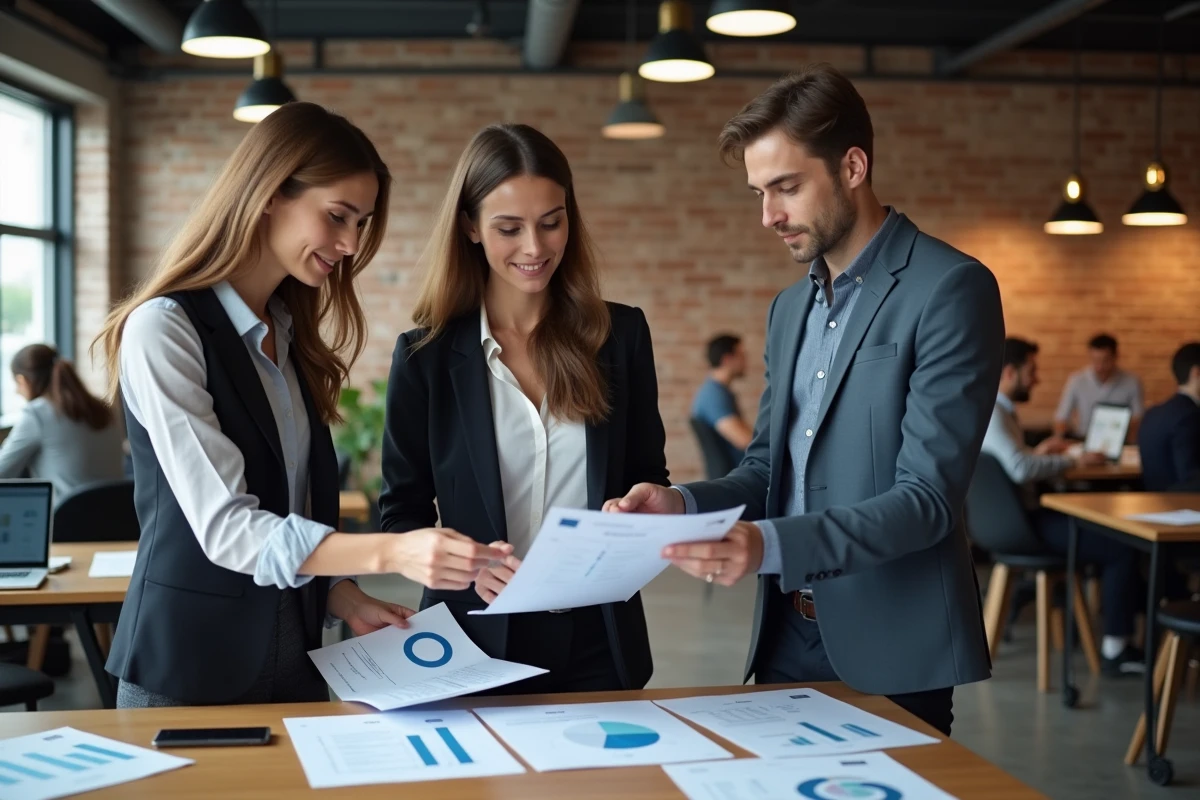 Équipe de professionnels collaborant sur une stratégie d'acquisition de clients B2B dans un espace de coworking moderne