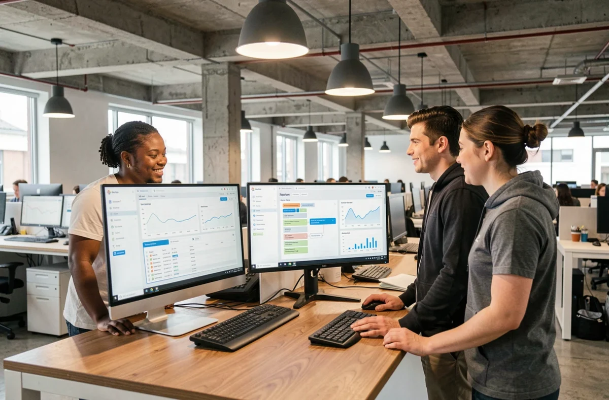 Équipe tech collaborative utilisant des outils de gestion de projet modernes héritiers des pratiques American Management Systems
