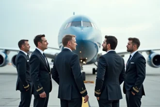 Groupe de pilotes et ingénieurs devant un avion moderne