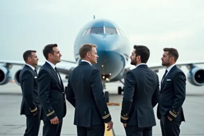 Groupe de pilotes et ingénieurs devant un avion moderne