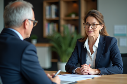 Femme cadre en réunion avec coach dans un bureau moderne