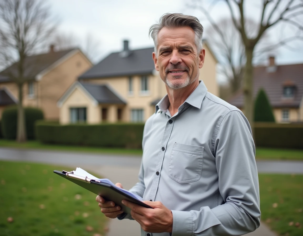 Expert immobilier tenant un dossier de déclaration devant une maison individuelle en banlieue française