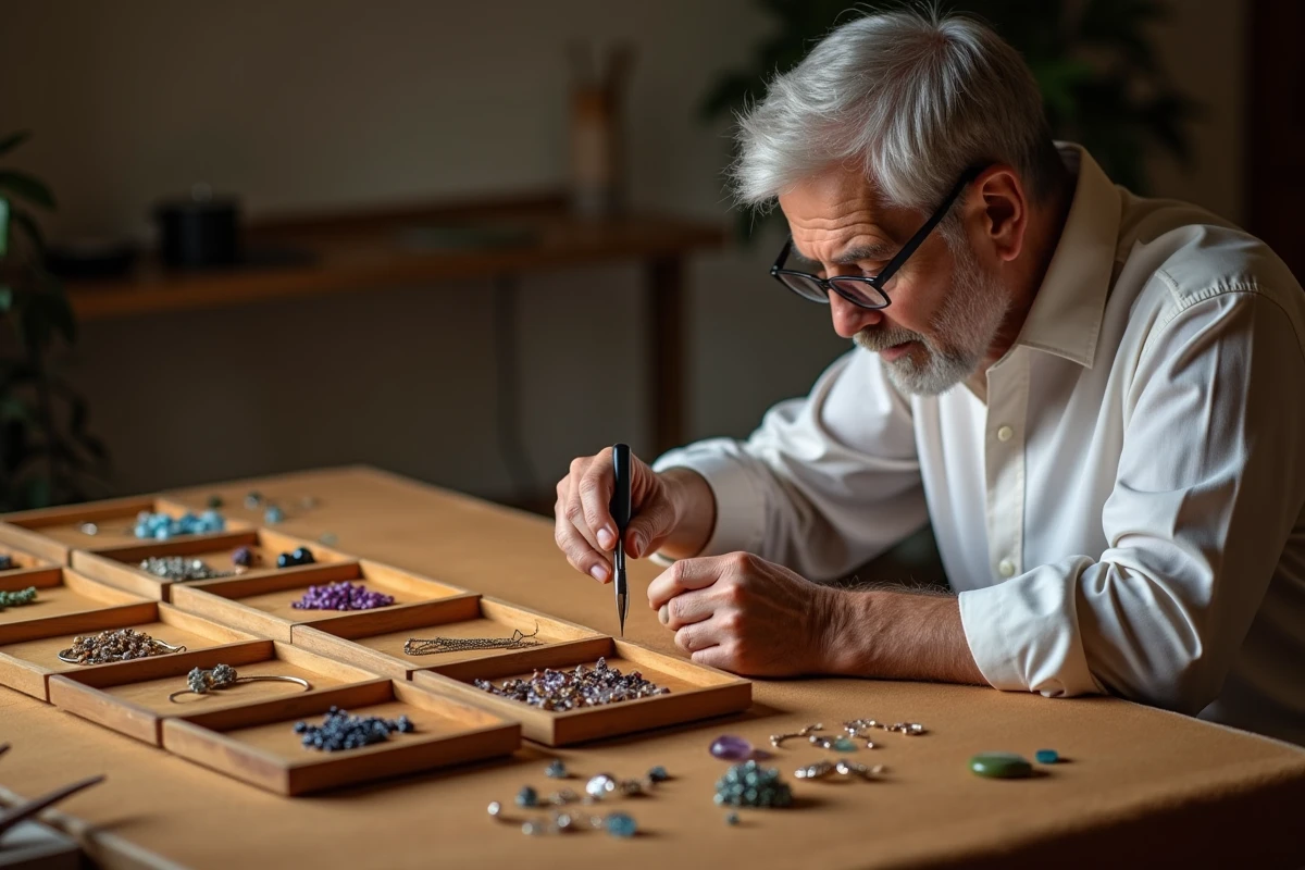 Homme fabriquant des bijoux artisanaux sur un plan de travail en velours chez lui