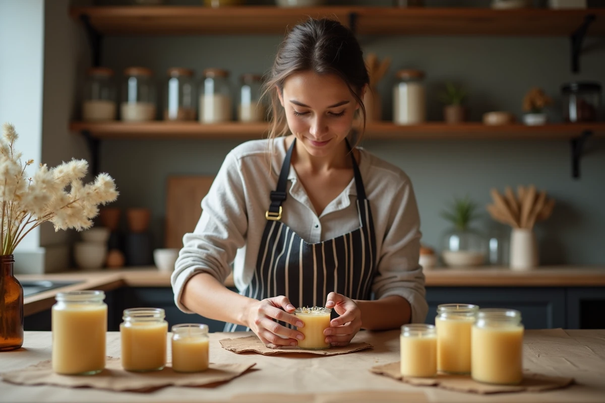 Jeune femme qui fabrique des bougies artisanales à domicile sur sa table de cuisine