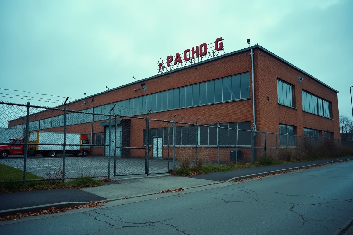 Façade extérieure d'une usine Playmobil fermée en Allemagne avec portail cadenassé et parking vide en automne