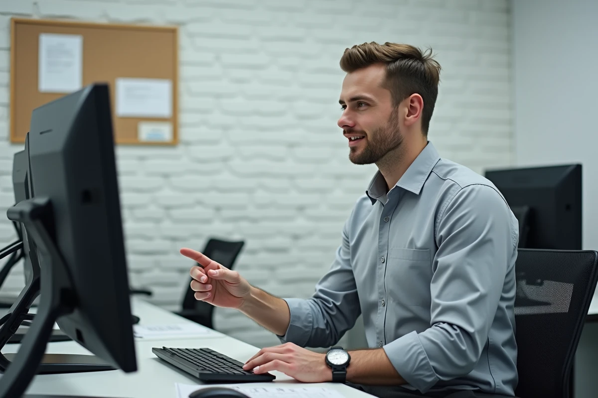 Facteur utilisant le portail RH Box La Poste sur ordinateur de bureau dans un local du personnel